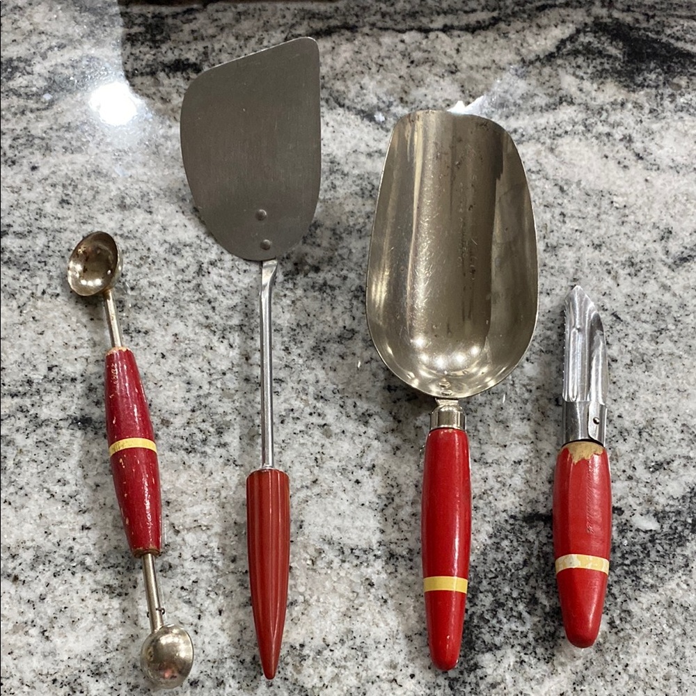 Vintage Red-Handled Kitchen Serving Utensil Set With Ecko & A&J Marks!
